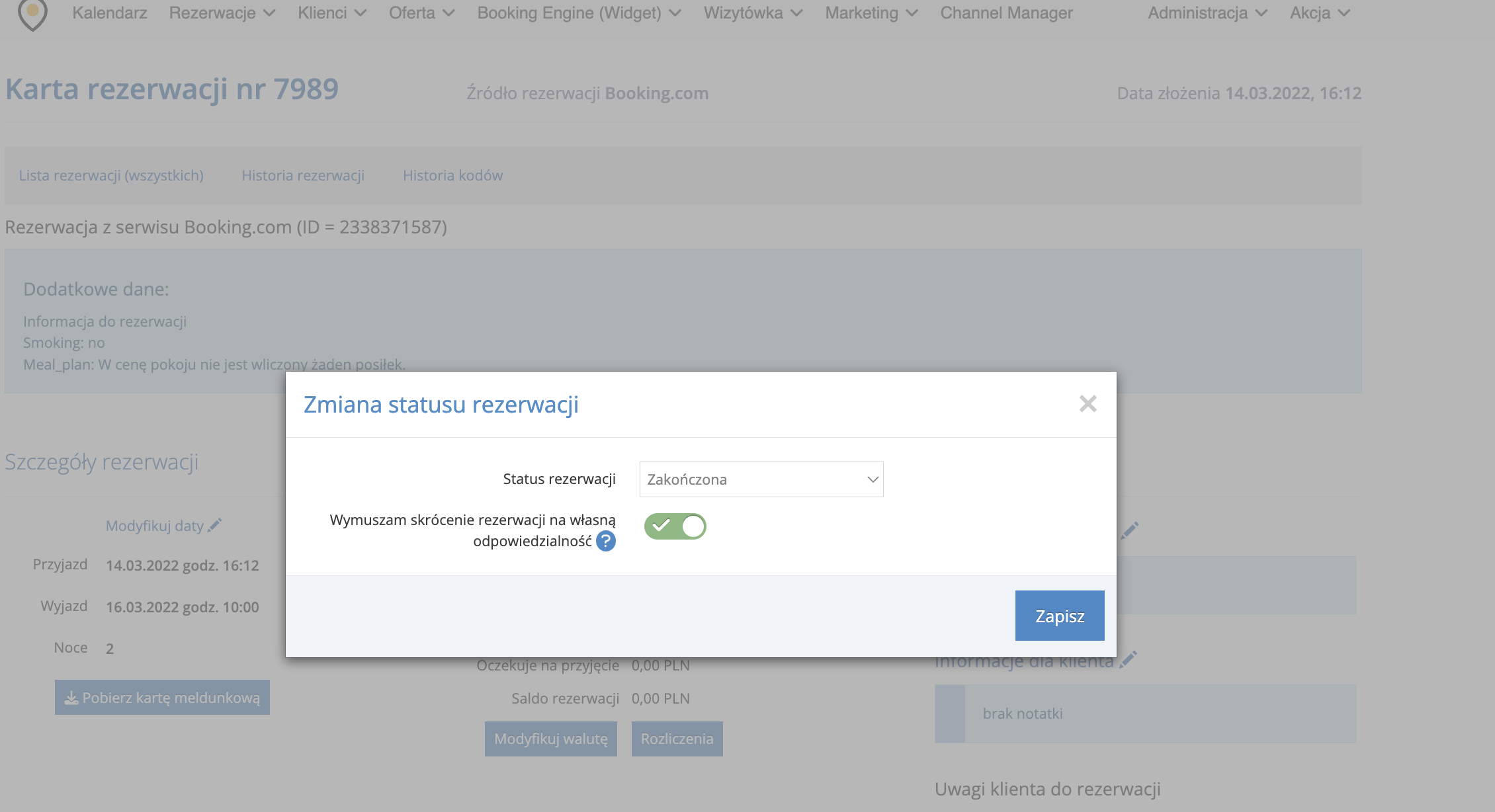 Zmiana statusu rezerwacji